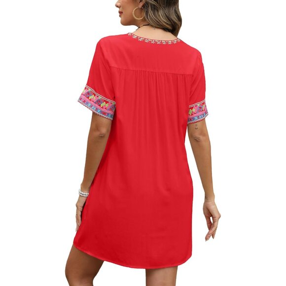 Mexican Embroidered Dress Plus Size Summer Boho Beach Vacation Cotton - Picture 2 of 5